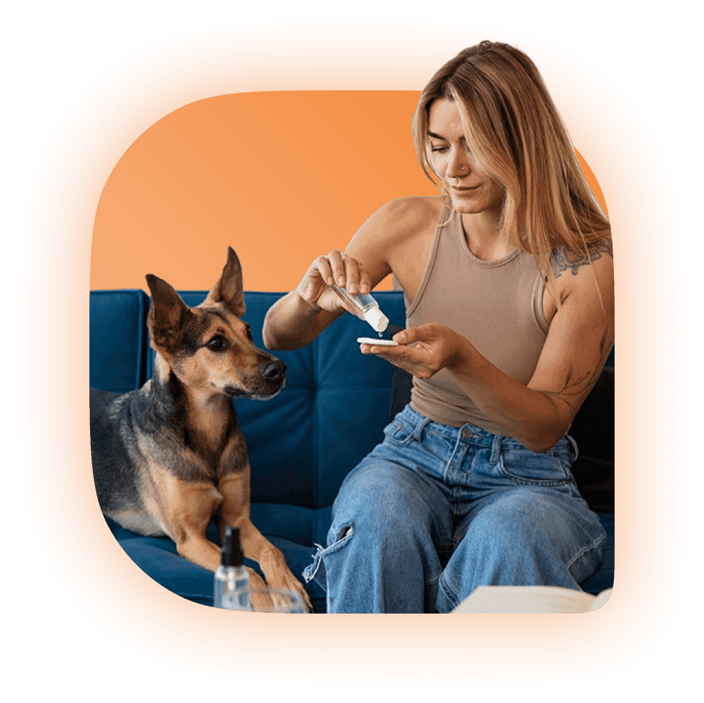 Woman sitting next to a computer with a dog in her lap with an orange background